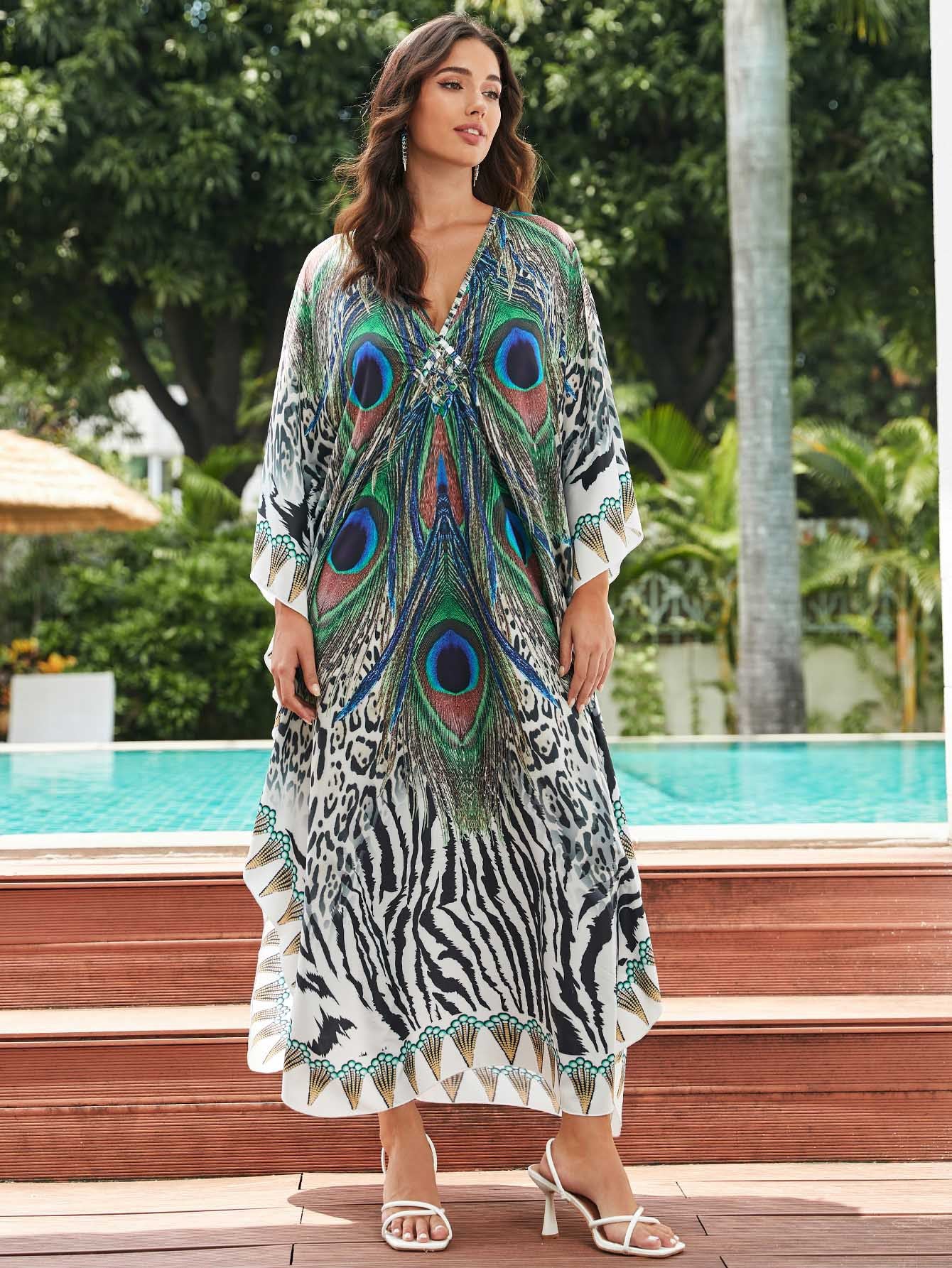 [Plus Size] Butterfly/feather Print Ruched Split Hem Tunic Dress, Valentine's Day Elegant Batwing Sleeve V Neck Long Dress for Summer, Casual Womenswear, Gift, Homecoming Dresses, Women's Clothes for Beach Holiday Vacation, Moo Moo Dresses