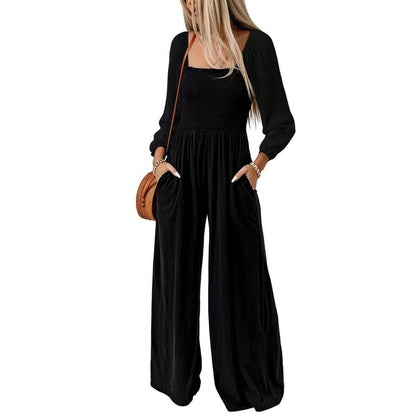 Women's Casual Loose Overalls Jumpsuits One Piece Long Sleeve Wide Leg Long Pant Rompers With Pockets - Seldom Seen Styles
