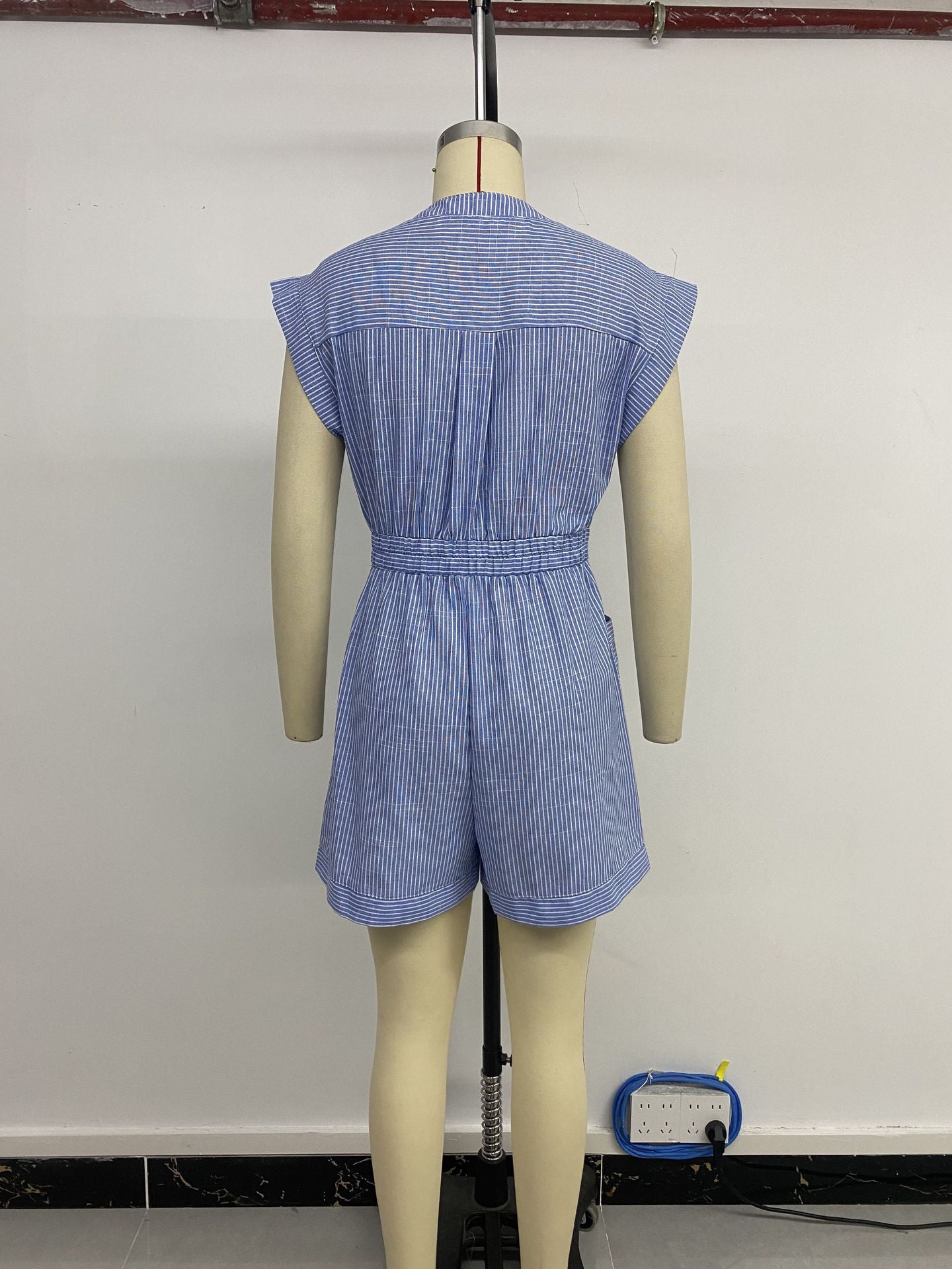Womens Striped Shorts Romper Dressy Button V Neck Jumpsuits Comfy Business Work Overalls One Piece Jumpsuit w/Pockets