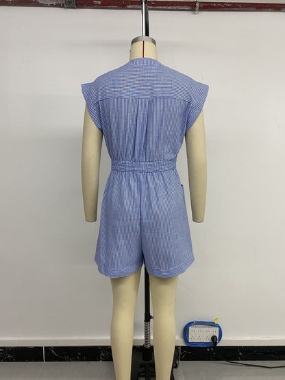 Womens Striped Shorts Romper Dressy Button V Neck Jumpsuits Comfy Business Work Overalls One Piece Jumpsuit w/Pockets