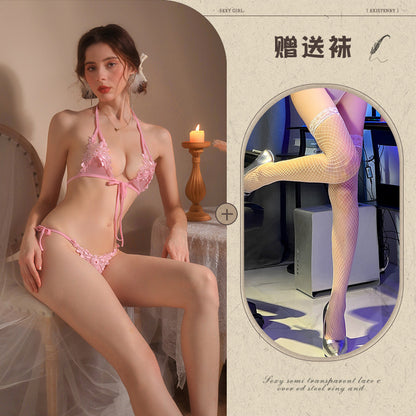 New Sexy Three-Piece Lingerie Set, No Need to Remove Bikini, Open Crotch, Tempting Plus Size Women's Set