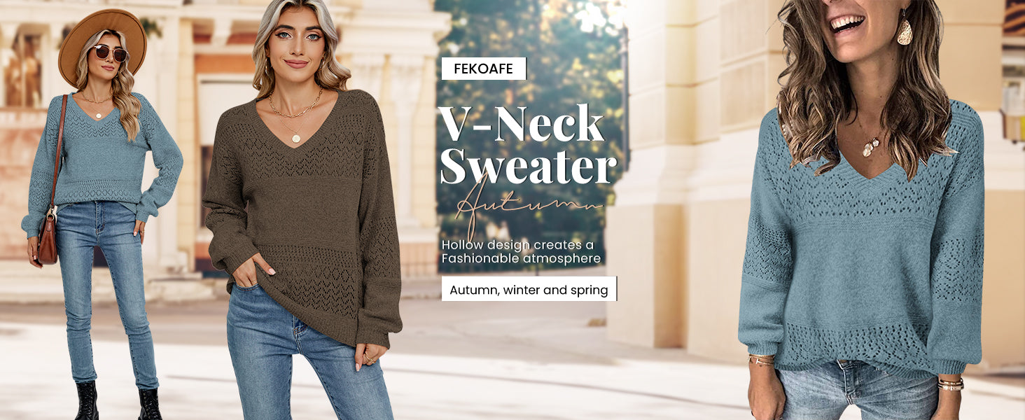 Womens Sweaters 2025 Fall V Neck Long Sleeve Hollow Knit Pullover Sweaters for Women - Seldom Seen Styles