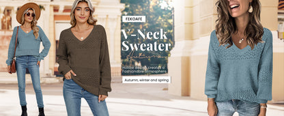 Womens Sweaters 2025 Fall V Neck Long Sleeve Hollow Knit Pullover Sweaters for Women - Seldom Seen Styles