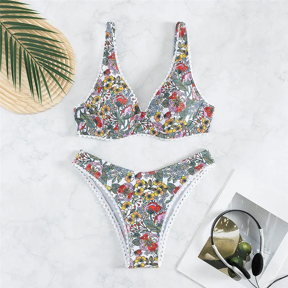 Women's Floral Printed Bathing Suit High Waisted Knot Swimsuit Bikini Set - Seldom Seen Styles