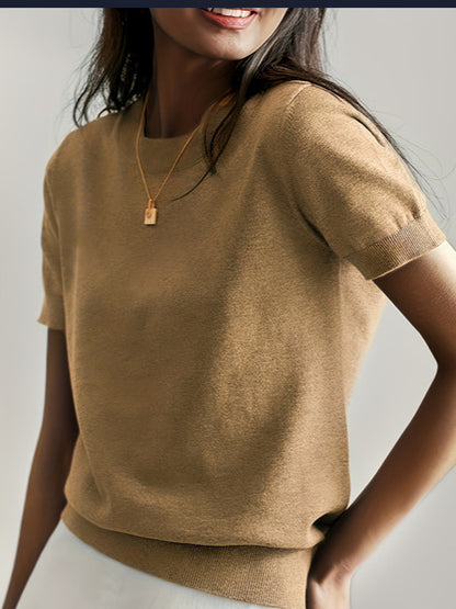 Women's Solid Color Crew Neck Short Sleeve Sweater, Chic Casual Basic Knit Pullover for Spring & Fall, Fashion Women's Knitwear for Daily Wear, Womenswear - Seldom Seen Styles