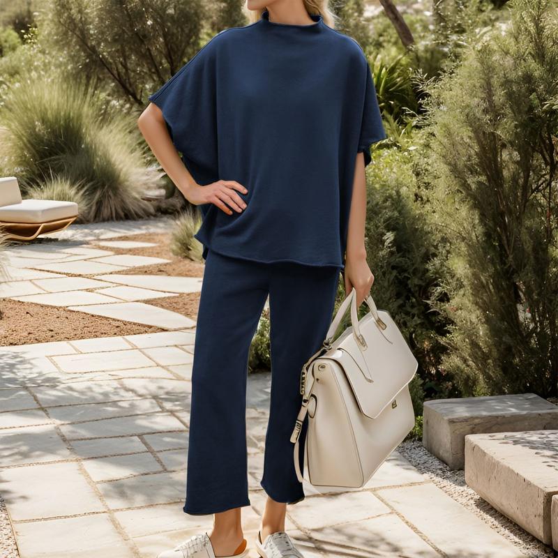 Songling Women Casual Two Piece Outfits 3/4 Batwing Sleeve Capelet CrewNeck Pullover Top Wide Leg Pants Lounge Sets Sweatsuit - Seldom Seen Styles