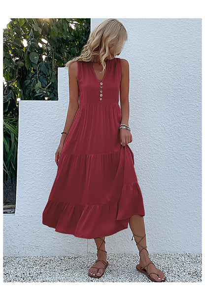 Summer Flowy Maxi Dress with Pockets Sleeveless Loose Casual Sundress V-Neck Tiered Sun Dress for Beach Cruise Vacations