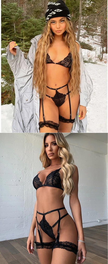 Lace Garter Lingerie Set with Removable Choker Teddy Babydoll Strappy Bra and Panty Set - Seldom Seen Styles