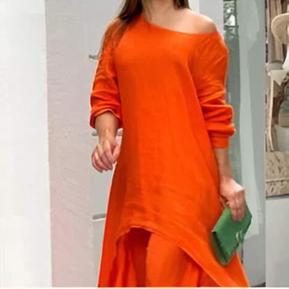 Womens Two Piece Set Dress Suit for Women Long Sleeve Cotton Linen Irregular Solid Crewneck Daily Wear Summer Set - Seldom Seen Styles