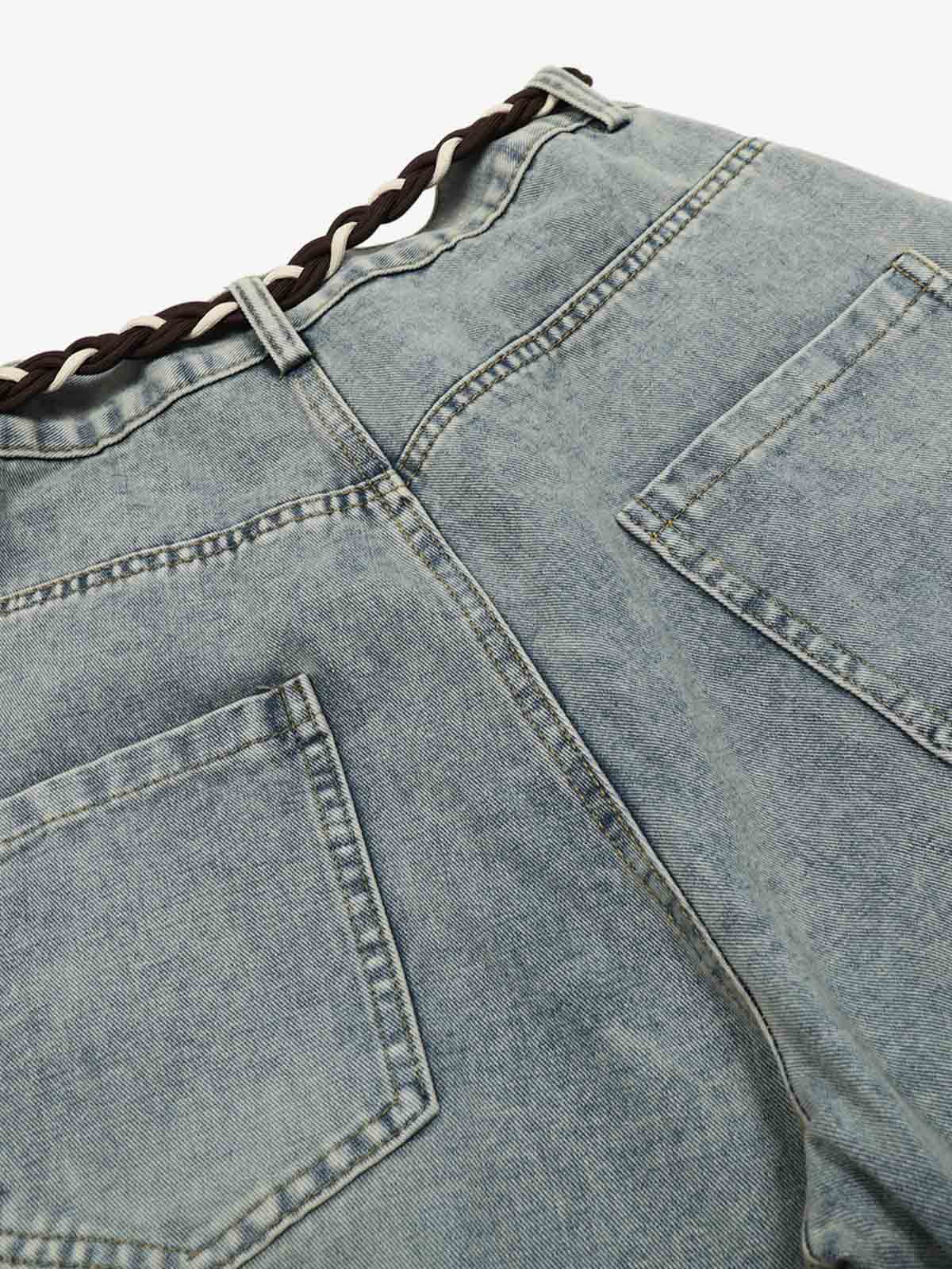 Retro Patchwork Belt Decorated Scimitar Jeans 