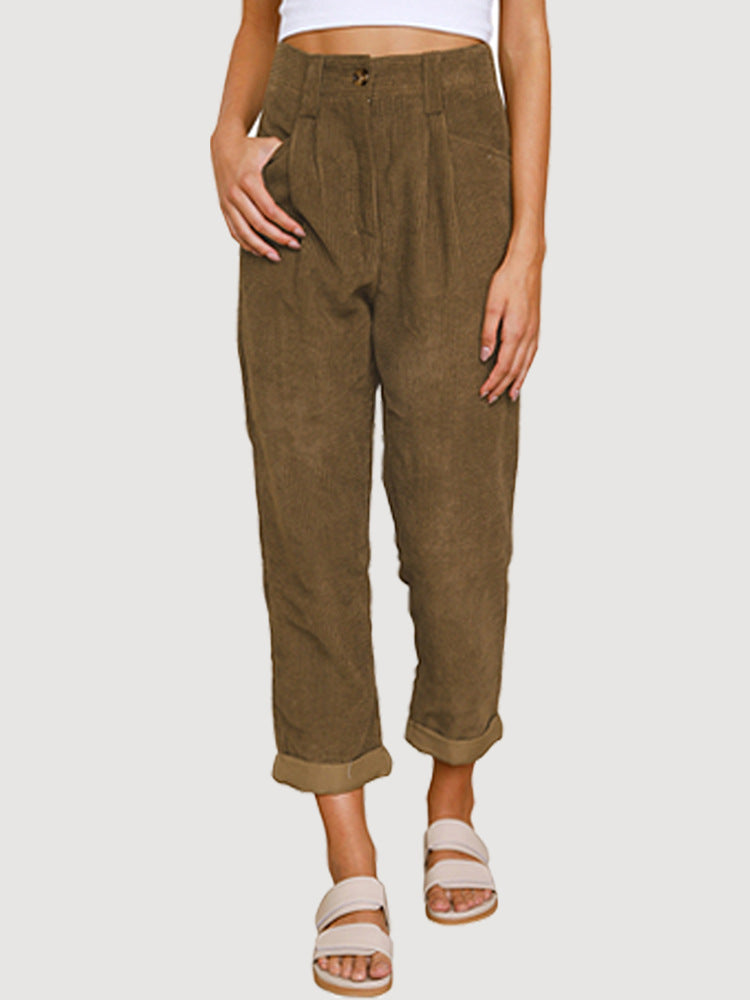 Womens Elastic Waist Straight Leg Corduroy Pants with Pockets, S-2XL - Seldom Seen Styles