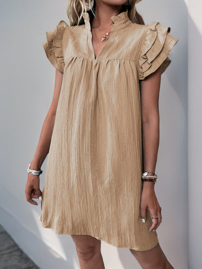 Women's Cap Sleeve Ruffle Trim Mini Dress Ruched Notched Neck Casual Basic Straight Dresses