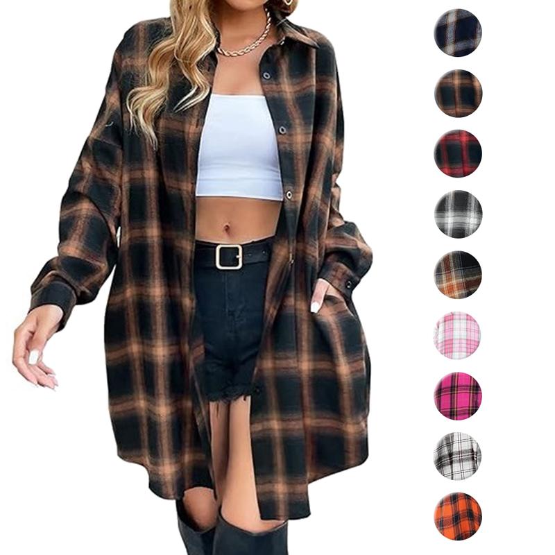 Women's Button Down Flannel Shirts Plaid Shacket Long Sleeve Collared Long Jacket Coats #Springtok - Seldom Seen Styles