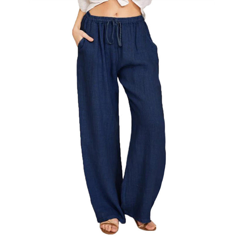 Women's Casual Wide Leg Elastic Waist Loose Lightweight Summer Linen Beach Pants Drawstring - Seldom Seen Styles