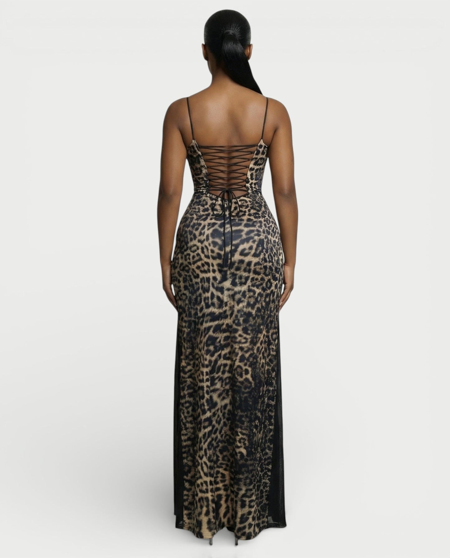 CAITLYN Leopard Print Lace-up Waist Maxi Dress