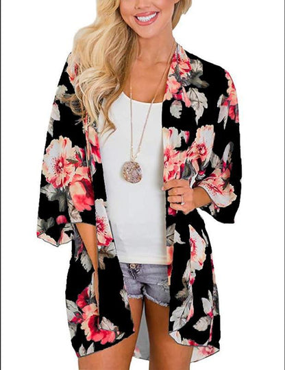 Women's Beach Cover up Swimsuit Kimono with Bohemian Floral Print, Loose Casual Resort Wear - Seldom Seen Styles