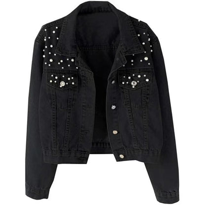 Women's Fashion Loose Embroidered Pearls Beading Cropped Denim Jacket Jean Coat - Seldom Seen Styles