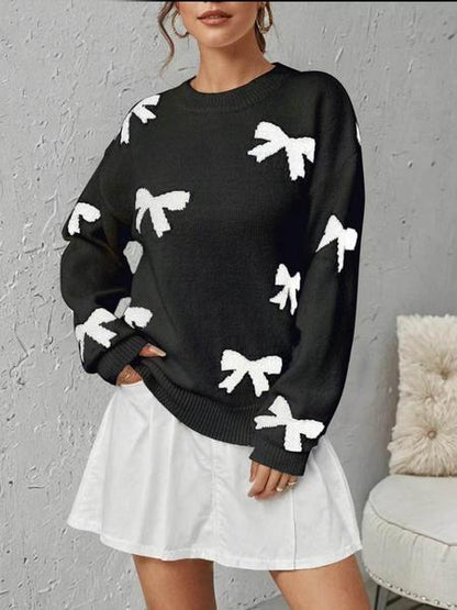 Fashion Bow Print Casual Loose Knitted Sweater Pullover Autumn/Winter Women Pullovers New Full Sleeve Knitwear - Seldom Seen Styles