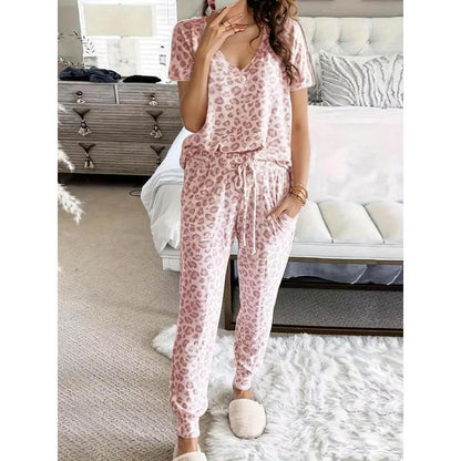 Two-piece Set Women's Leopard Print Drop Shoulder Top & Drawstring Pants Pyjama Set, Soft Casual Comfortable Long Sleeve Top & Pocket Trousers Pj Set, Women's Sleepwear for Spring & Fall, Glam Lounge Wear, Loungesetwomen, Pajamas, Womenswea Fit Loungewear