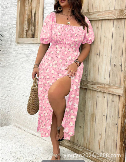 【Plus Size】 Ditsy Floral / All Over Print Split Thigh Dress, Casual Puff Sleeve Tie Front Dress, Bohemian Women Plus Clothing for Summer Beach Daily Wear, Elegant Plus Size, Boho Clothes Women, Womenswear - Seldom Seen Styles