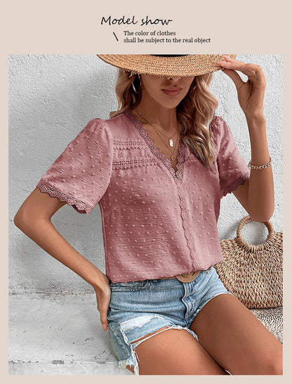 Women's 2025 Summer V Neck Lace Crochet Blouse Swiss Dot Business Casual Cute Shirts Tops