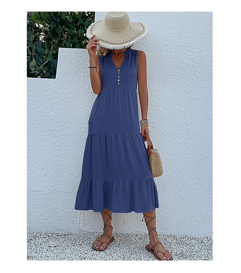 Summer Flowy Maxi Dress with Pockets Sleeveless Loose Casual Sundress V-Neck Tiered Sun Dress for Beach Cruise Vacations