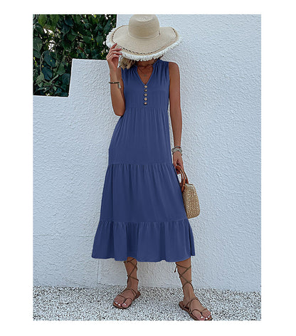 Summer Flowy Maxi Dress with Pockets Sleeveless Loose Casual Sundress V-Neck Tiered Sun Dress for Beach Cruise Vacations