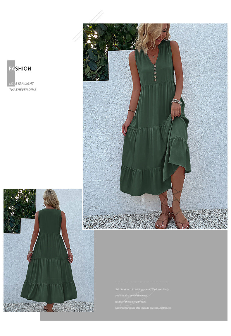 Summer Flowy Maxi Dress with Pockets Sleeveless Loose Casual Sundress V-Neck Tiered Sun Dress for Beach Cruise Vacations