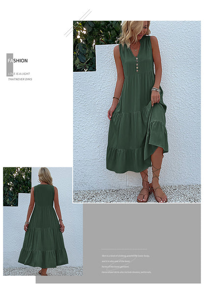 Summer Flowy Maxi Dress with Pockets Sleeveless Loose Casual Sundress V-Neck Tiered Sun Dress for Beach Cruise Vacations