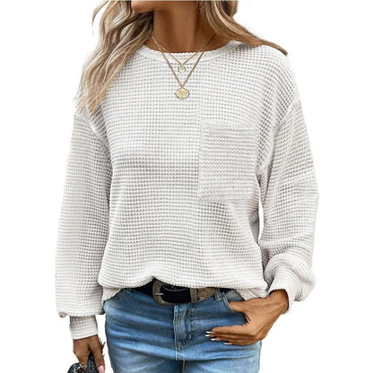 Womens Waffle Knit Tops 2025 Oversized Long Sleeve Crewneck Shirts Business Casual Blouses Basic Shirts - Seldom Seen Styles
