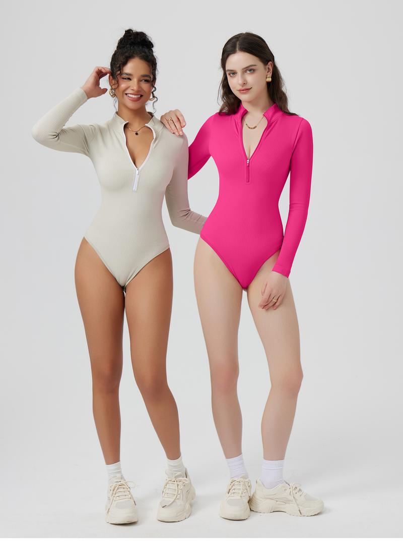 Women's 2 Piece Bodysuits Sexy Ribbed One Piece Zip Front Long Sleeve Tops Bodysuits - Seldom Seen Styles