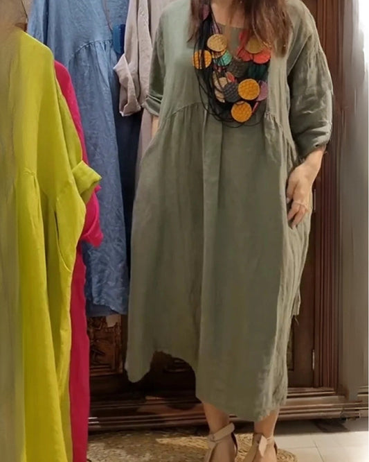 Casual Linen Kaftan Dresses for Women Plus Size Crewneck 3/4 Sleeve Solid Loose Flowy Tunic Dress with Pockets - Seldom Seen Styles