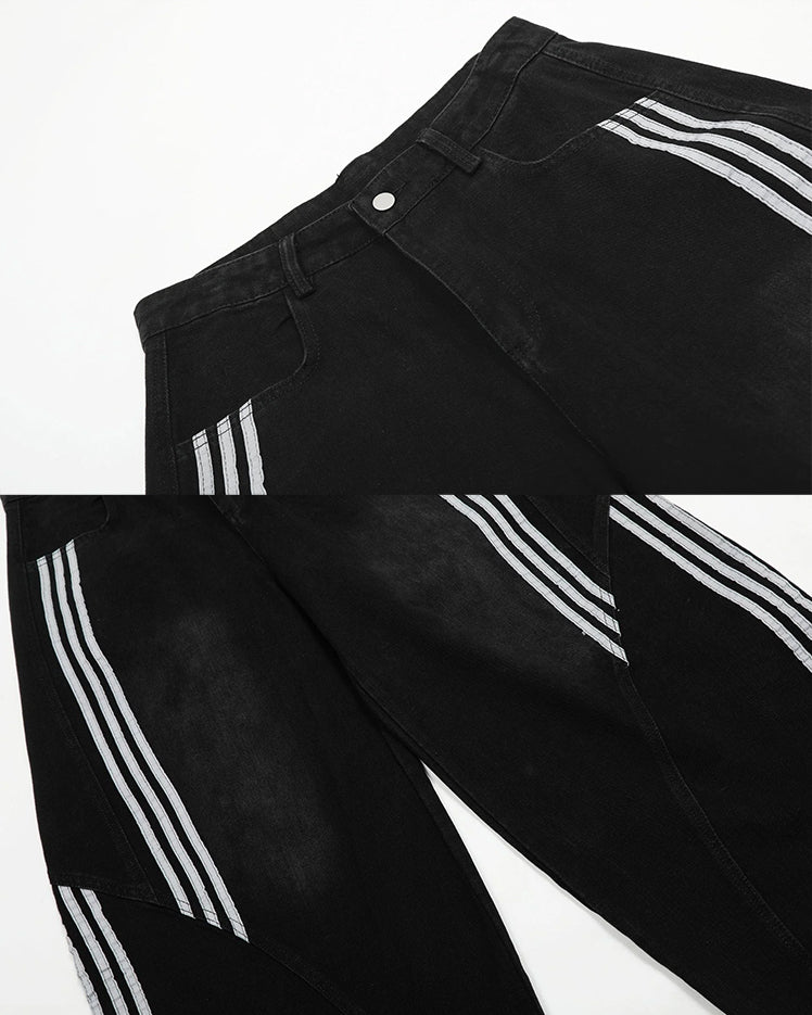 Contrast Striped Wide-Leg Denim Pants Striped Stitching Barrel Jeans