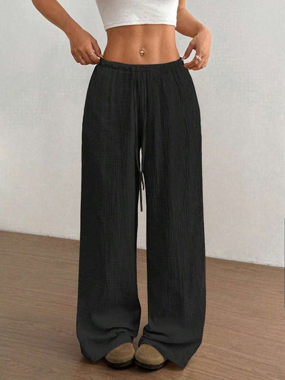 Womens Cotton Linen Palazzo Pants Drawstring Elastic Waist Casual Wide Leg Trousers with Pockets - Seldom Seen Styles
