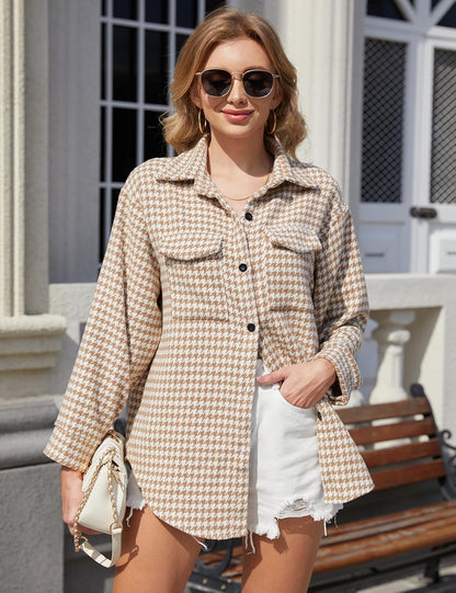 Plaid Jacket Women Casual Houndstooth Jacket Flannel Shacket Loose Long Sleeve Shirt Button Down Shacket with Pockets