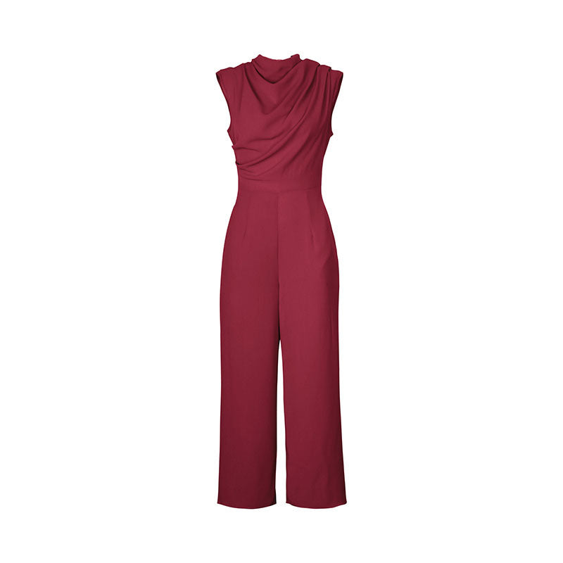 Womens Solid Ruched Wide Leg Long Jumpsuit Sleeveless High Neck Draped Front Zip Back Romper Overalls Women Elegant