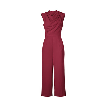 Womens Solid Ruched Wide Leg Long Jumpsuit Sleeveless High Neck Draped Front Zip Back Romper Overalls Women Elegant