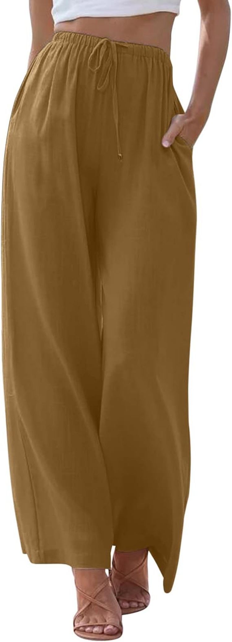 Women's Linen Summer Palazzo Pants Flowy Wide Leg Beach Pants with Pockets - Seldom Seen Styles