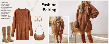 2025 Women's Round Neck Long Sleeve Sweater Dress Casual Loose Fit Cable Knit Pullover Mini Dress - Seldom Seen Styles