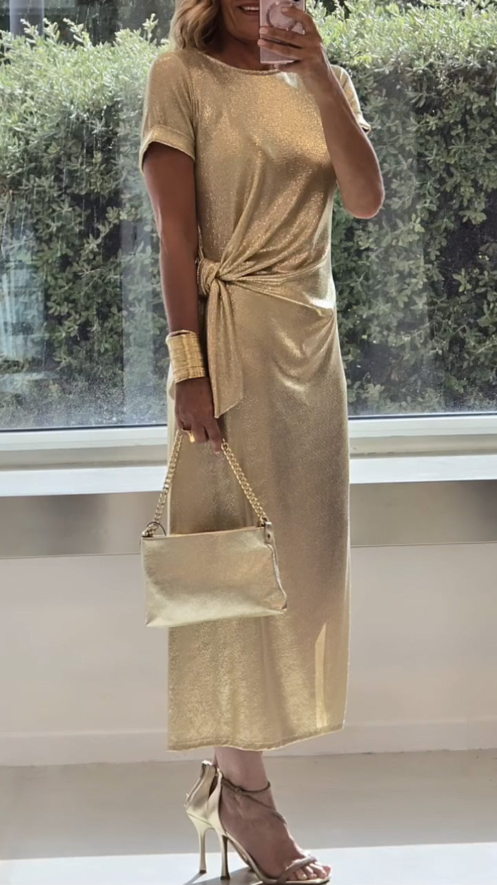 Ladies Round Neck Pleated Slit Temperament Casual Dress - Seldom Seen Styles