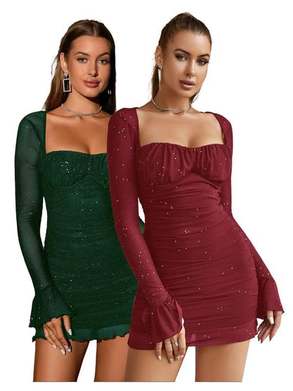 Women's Glitter Contrast Mesh Long Sleeve Ruched Mini Bodycon Dress, Lady Comfort Casual Elegant Square Neck Lettuce Trim Tight Dresses for Party Dinner Holiday, Party Dress, Birthday Dress for Women Casual - Seldom Seen Styles