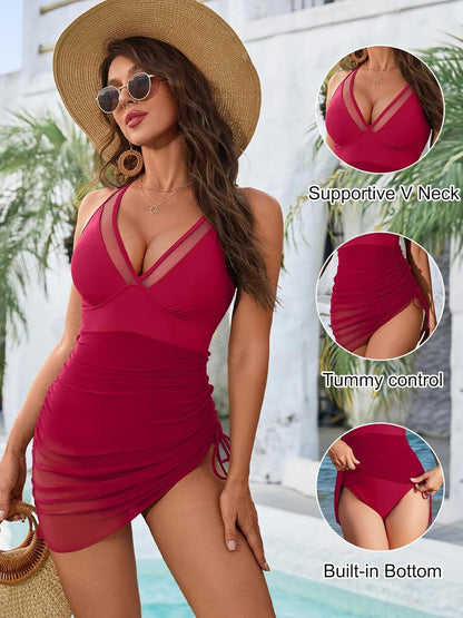 Women Mesh One Piece Swim Dress Swimsuit Tummy Control Bathing Suit