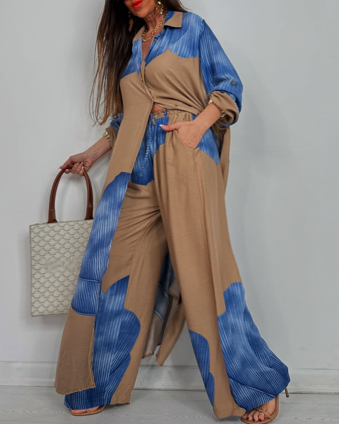 Women's V-neck Patchwork Printed Top and Pants Commuting Casual Suit - Seldom Seen Styles