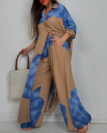 Women's V-neck Patchwork Printed Top and Pants Commuting Casual Suit - Seldom Seen Styles