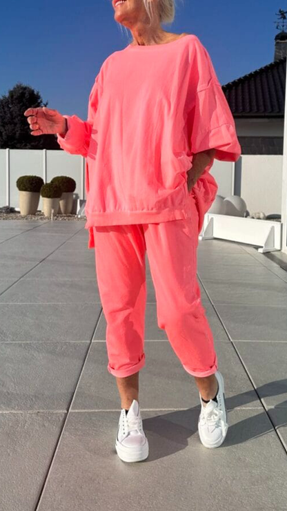 Women's Round Neck Slit Fluorescent Color Casual Suit - Seldom Seen Styles