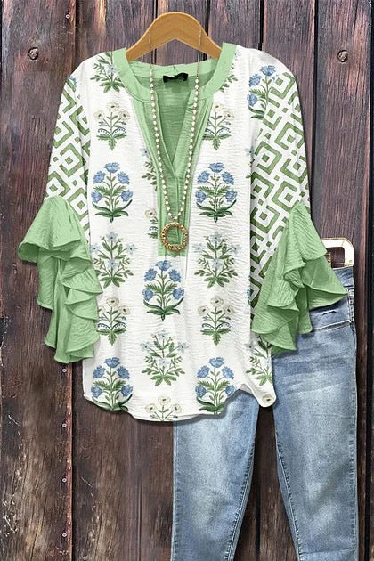 Retro Floral Print Layered Ruffle Sleeve Top Going Outfits Blouses Women Vintage 90s Tops Funny Shirts Women Elegant Classy Tops cute summer outfit