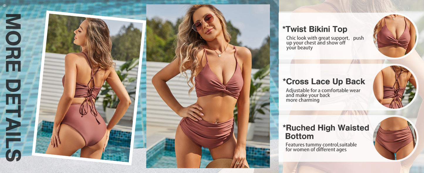 Twist High Waisted Bikini for Women Cross Lace Up Bathing Suit Ruched Bikini Swimsuits Tummy Control Swimwears