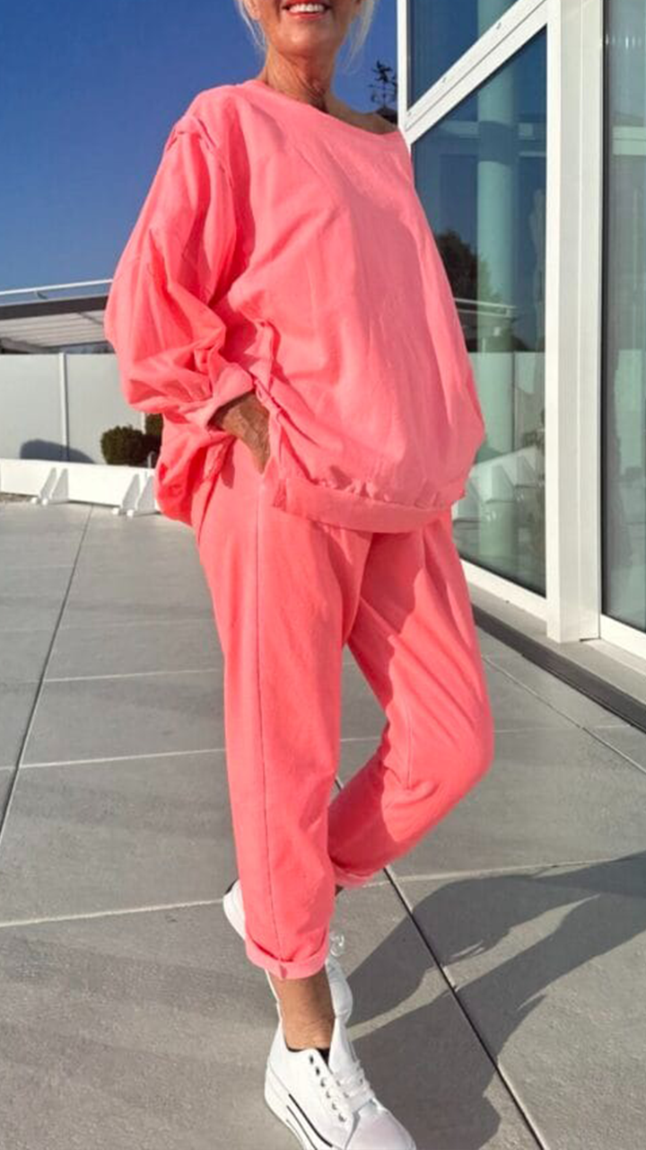 Women's Round Neck Slit Fluorescent Color Casual Suit - Seldom Seen Styles