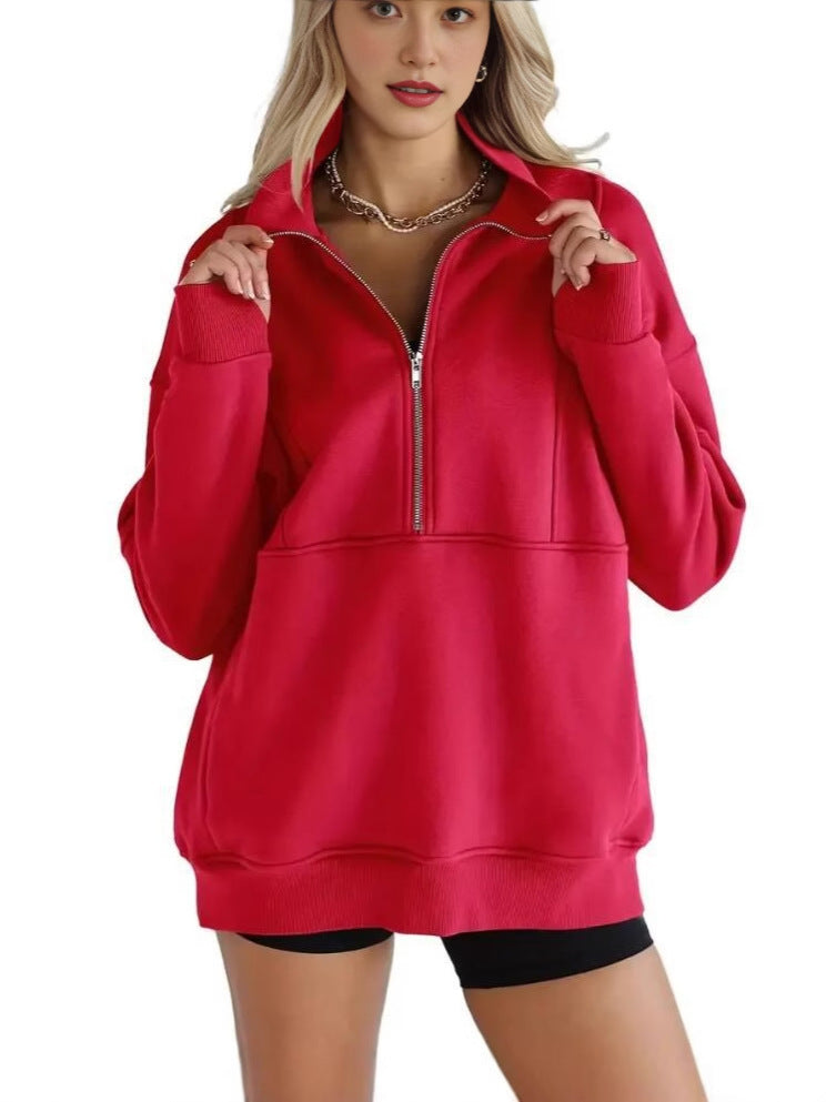 Women's Half Zip Sweatshirts Fleece Stand Collar Long Sleeve Thumb Hole Oversized Pullovers with Pockets - Seldom Seen Styles