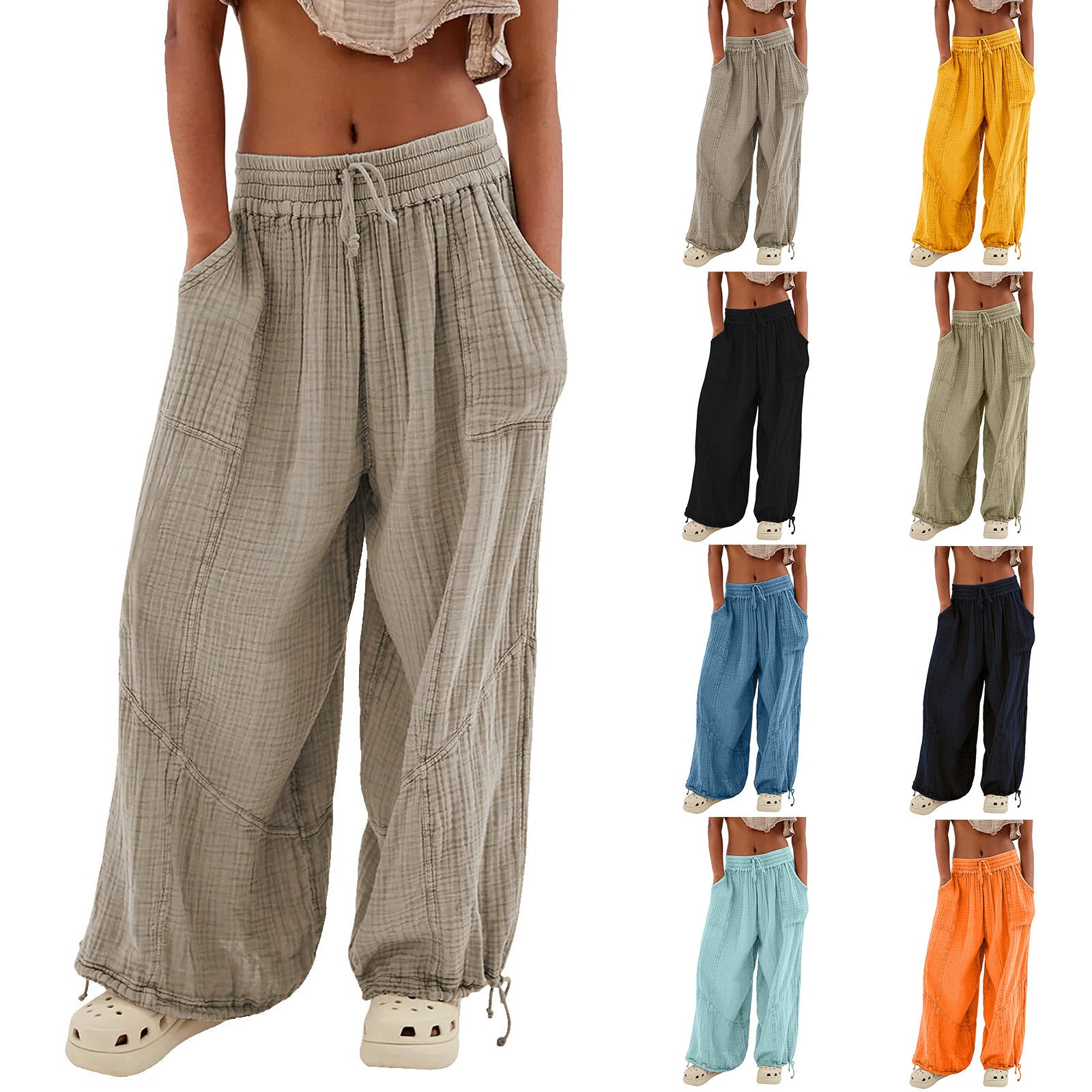 Womens Casual Loose Fit Wide Leg Cotton Pants Drawstring Stitching Baggy Pants Trousers with Pockets - Seldom Seen Styles